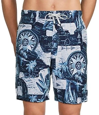 Roundtree & Yorke Nautical Scene 9#double; Inseam Swim Trunks