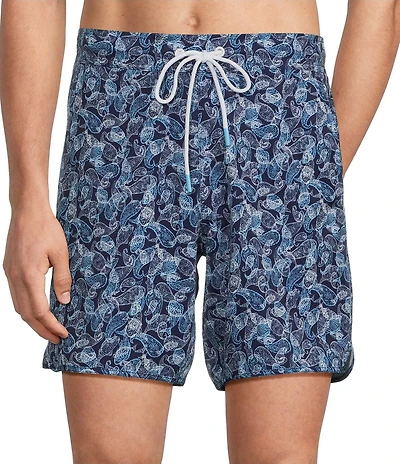 Roundtree & Yorke Paisley Fish 7#double; Inseam Swim Trunks