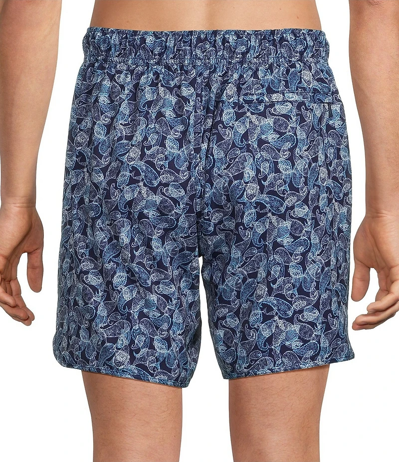 Roundtree & Yorke Paisley Fish 7#double; Inseam Swim Trunks