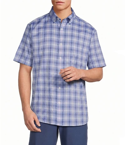Roundtree & Yorke Performance Short Sleeve Crinkle Plaid Sport Shirt