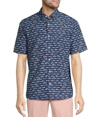 Roundtree & Yorke Performance The Charter Vented Short Sleeve Fish Print Fishing Sport Shirt