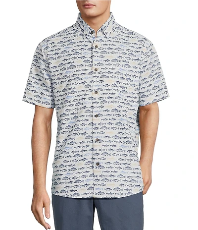 Roundtree & Yorke Performance The Charter Vented Short Sleeve Fish Print Fishing Sport Shirt