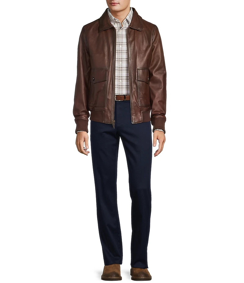 Roundtree & Yorke Shearling Collar Long Sleeve Leather Aviator Bomber Jacket