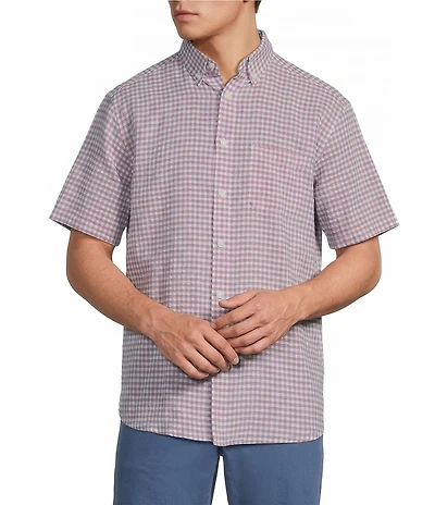 Roundtree & Yorke Short Sleeve Check Pattern Linen Blend Button Front Sport Shirt