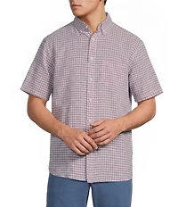 Roundtree & Yorke Short Sleeve Check Pattern Linen Blend Button Front Sport Shirt