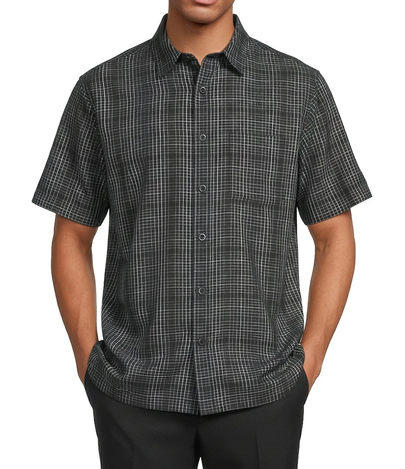 Roundtree & Yorke Short Sleeve Jacquard Plaid Polynosic Woven Shirt