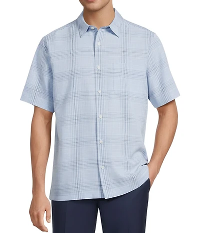 Roundtree & Yorke Short Sleeve Jacquard Plaid Polynosic Woven Button Down Shirt