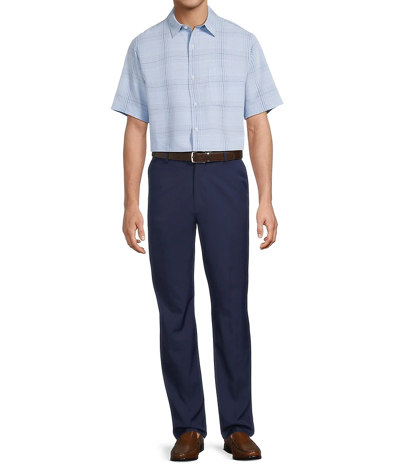 Roundtree & Yorke Short Sleeve Jacquard Plaid Polynosic Woven Button Down Shirt