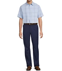 Roundtree & Yorke Short Sleeve Jacquard Plaid Polynosic Woven Button Down Shirt