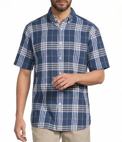 Roundtree & Yorke Short Sleeve Large Plaid Linen Sport Shirt