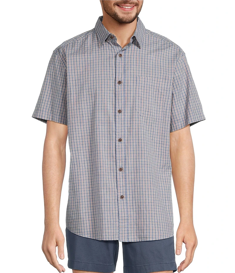 Roundtree & Yorke Short Sleeve Slub Small Plaid Sport Shirt