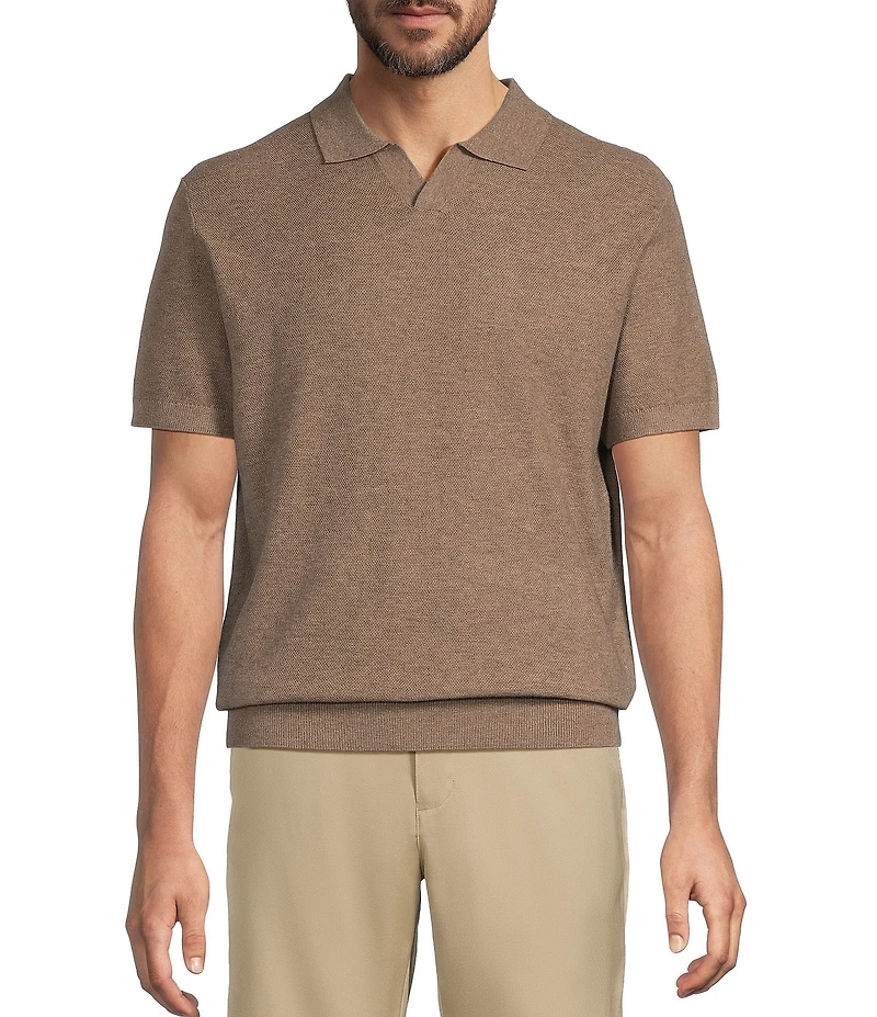 Roundtree & Yorke Short Sleeve Solid Textured Johnny Collar Knit Shirt