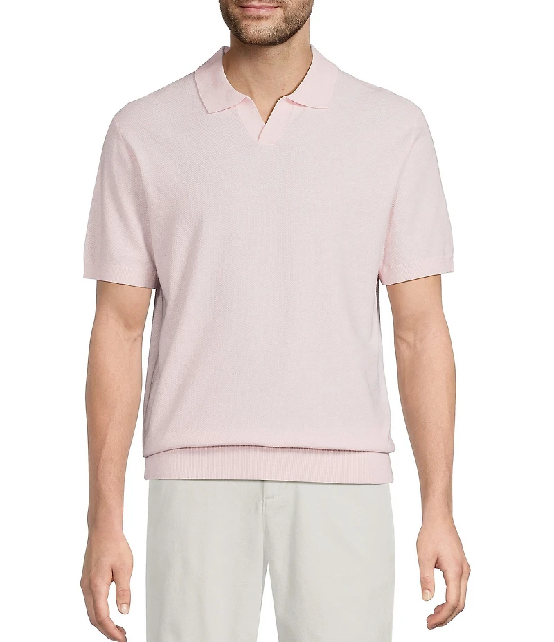 Roundtree & Yorke Short Sleeve Solid Textured Johnny Collar Knit Shirt