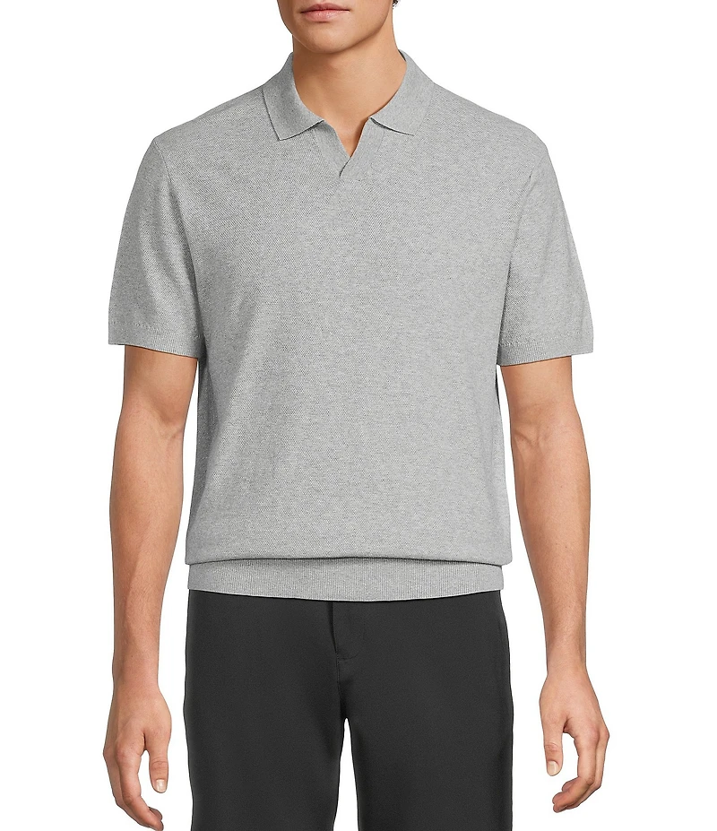 Roundtree & Yorke Short Sleeve Solid Textured Johnny Collar Knit Shirt