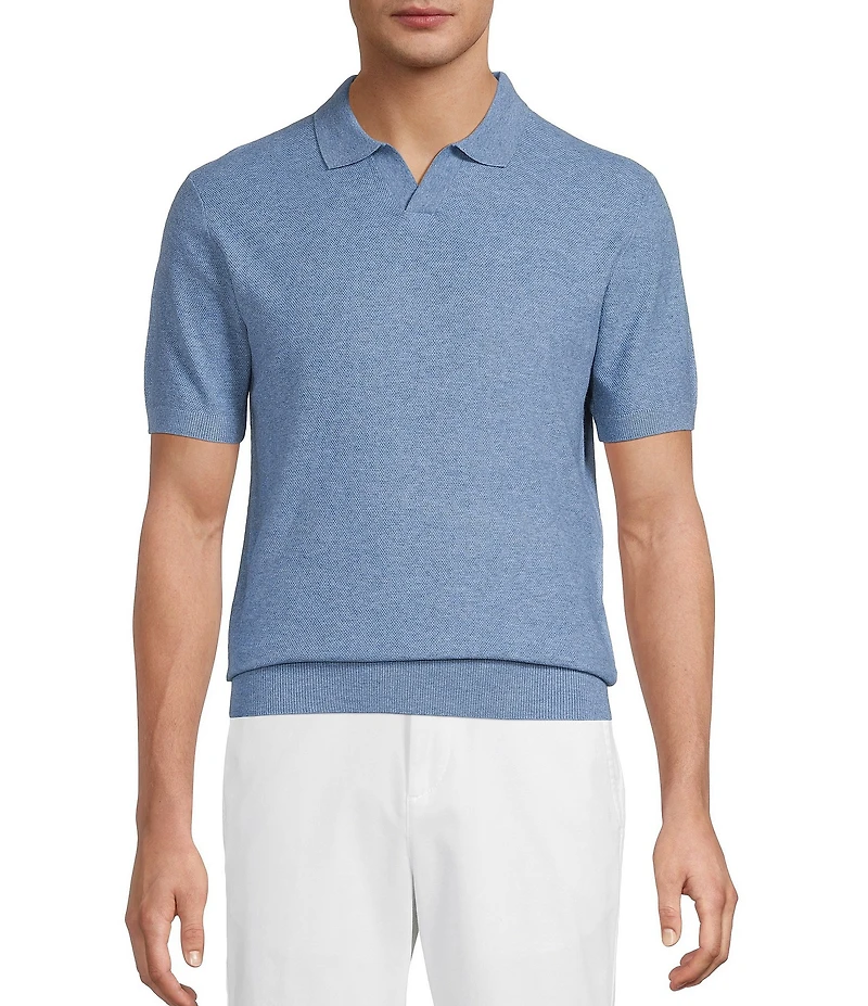 Roundtree & Yorke Short Sleeve Solid Textured Johnny Collar Knit Shirt