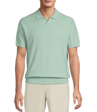 Roundtree & Yorke Short Sleeve Solid Textured Johnny Collar Knit Shirt