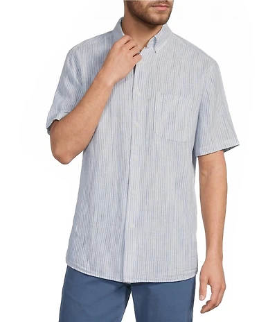 Roundtree & Yorke Short Sleeve Striped Linen Blend Button Front Sport Shirt