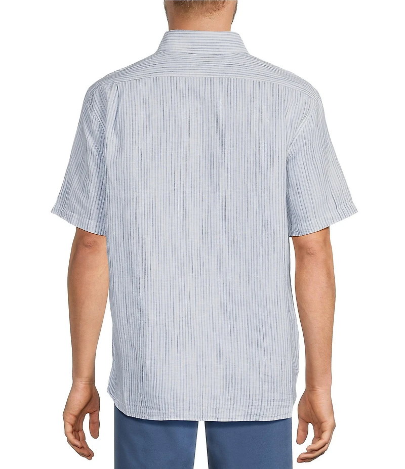 Roundtree & Yorke Short Sleeve Striped Linen Blend Button Front Sport Shirt