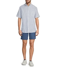 Roundtree & Yorke Short Sleeve Striped Linen Blend Button Front Sport Shirt