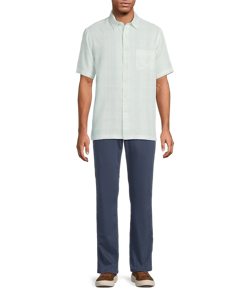 Roundtree & Yorke Short Sleeve Textured Plaid Polynosic Sport Shirt