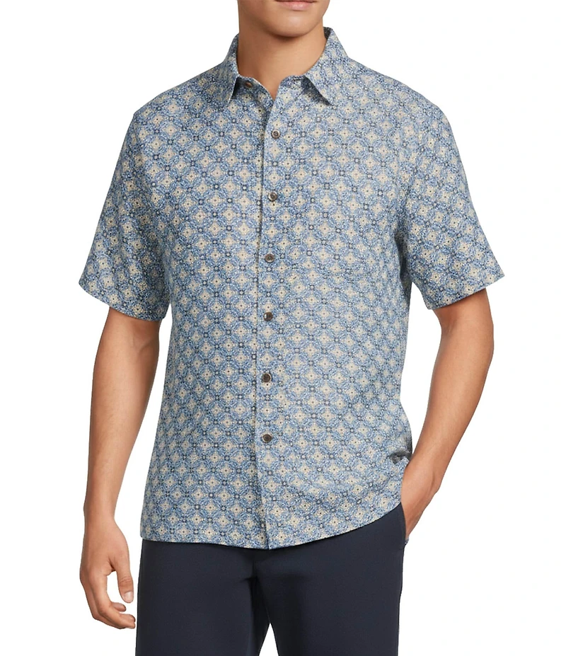 Roundtree & Yorke Short Sleeve Tile Geo Print Polynosic Sport Shirt