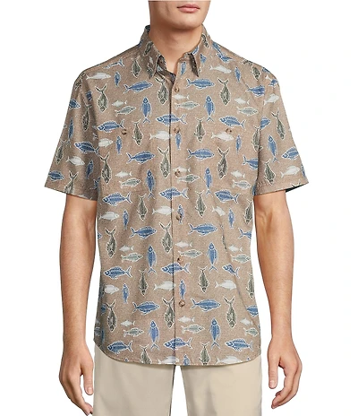 Roundtree & Yorke The Charter Performance Vented Chambray Short Sleeve Fish Print Fishing Sport Shirt