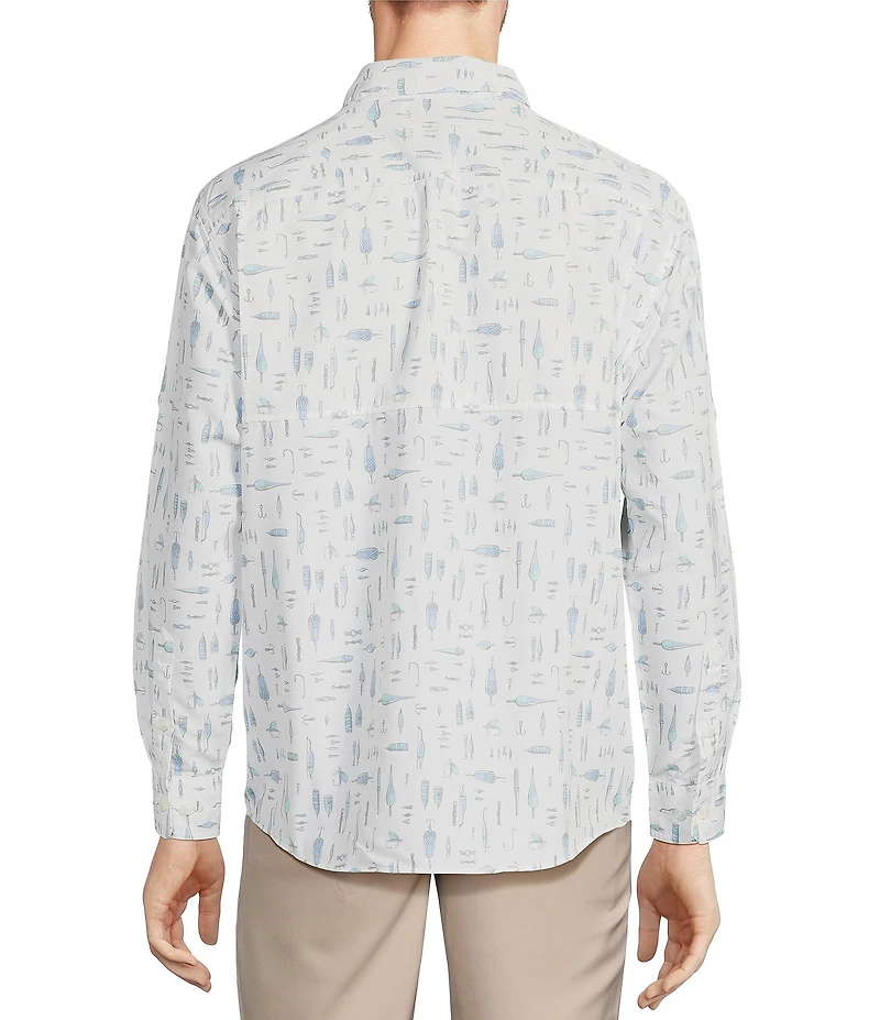 Roundtree & Yorke The Charter Performance Vented Long Sleeve Fishing Motif Print Sport Shirt