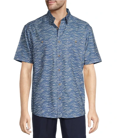 Roundtree & Yorke The Charter Performance Vented Short Sleeve Wave Print Fishing Sport Shirt