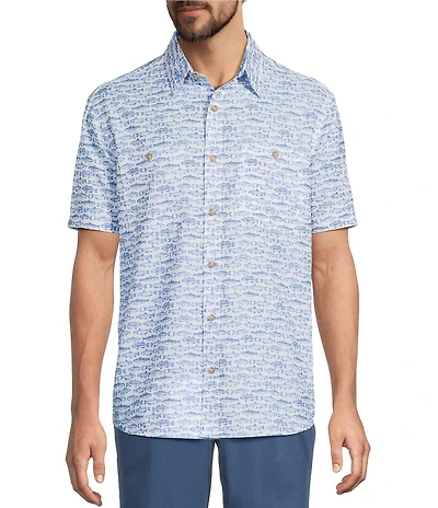 Roundtree & Yorke The Charter Vented Performance Button Front Collar Short Sleeve Fish Print Sport Shirt