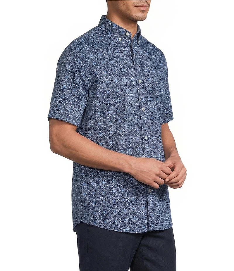 Roundtree & Yorke TravelSmart Easy Care Short Sleeve Diamond Print Poplin Sport Shirt