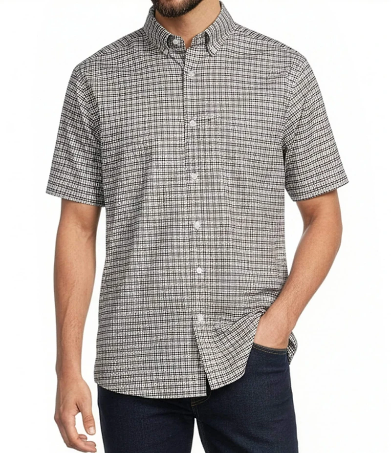 Roundtree & Yorke TravelSmart Easy Care Short Sleeve Twill Small Plaid Sport Shirt