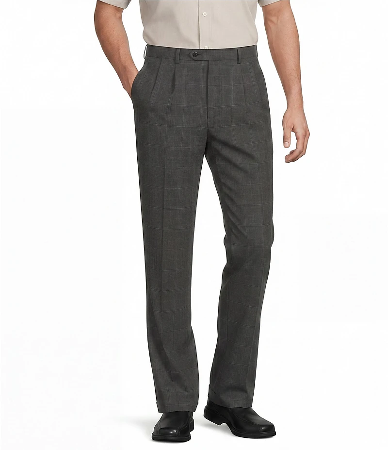 Roundtree & Yorke TravelSmart Luxury Gabardine Ultimate Comfort Classic Fit Non-Iron Pleated Plaid Dress Pants