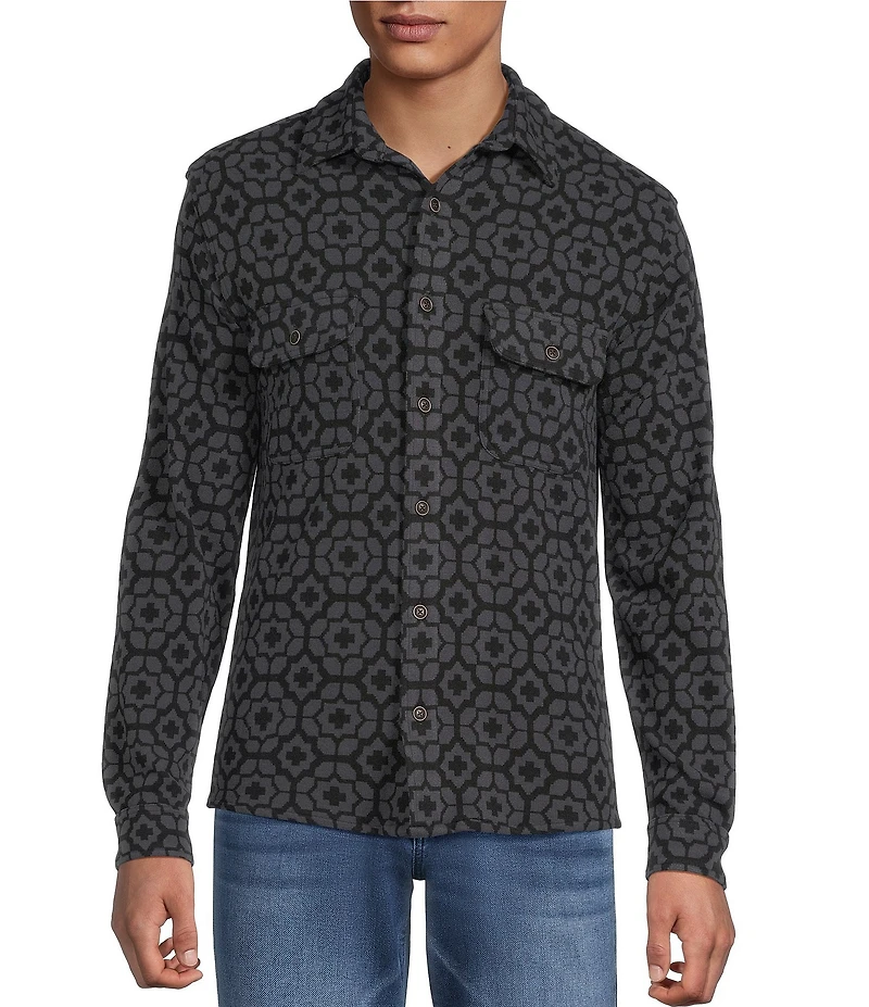 Rowm Big & Tall Long Sleeve Jacquard Geo Print Button Front Dress Shirt