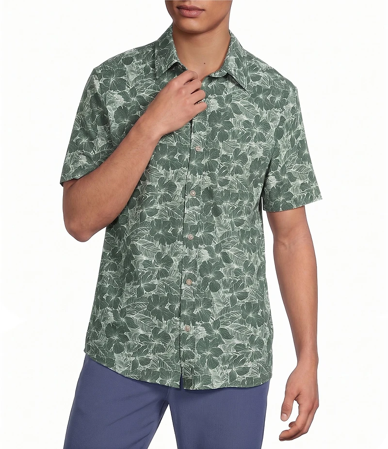 Rowm Big & Tall Performance Rec + Relax Short Sleeve Tropical Print Textured Shirt