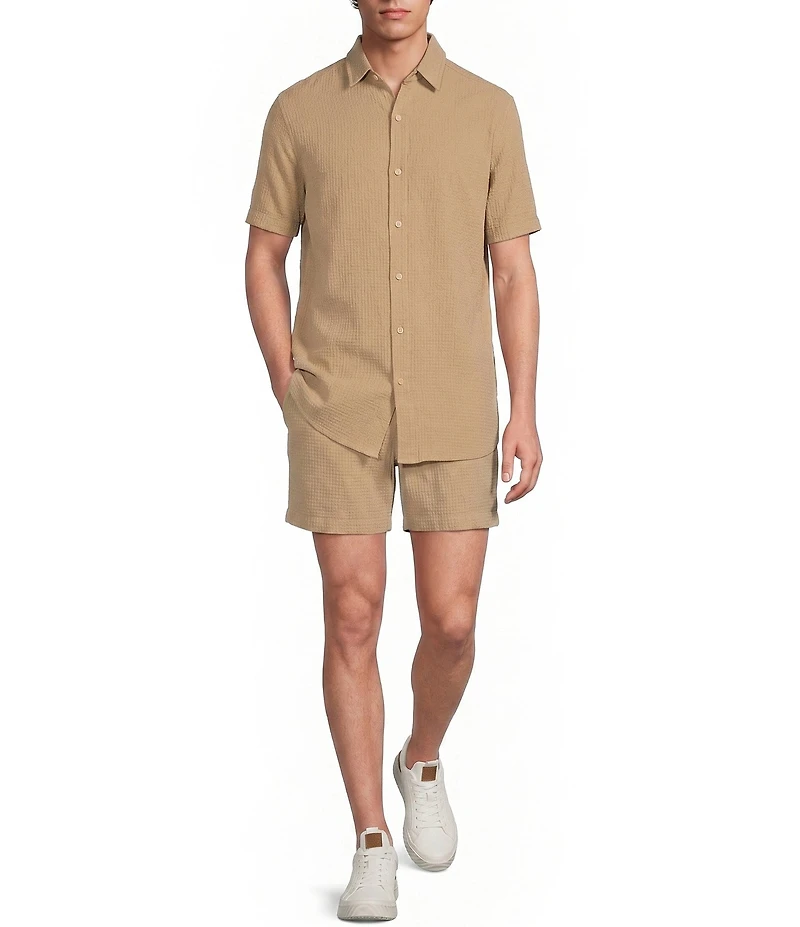 Rowm Drawstring Garment Dyed Solid Texture 7#double; Inseam Shorts