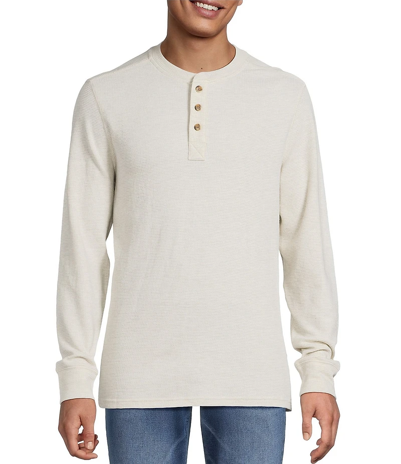 Rowm Long Sleeve Garment Washed Solid Waffle Henley Shirt