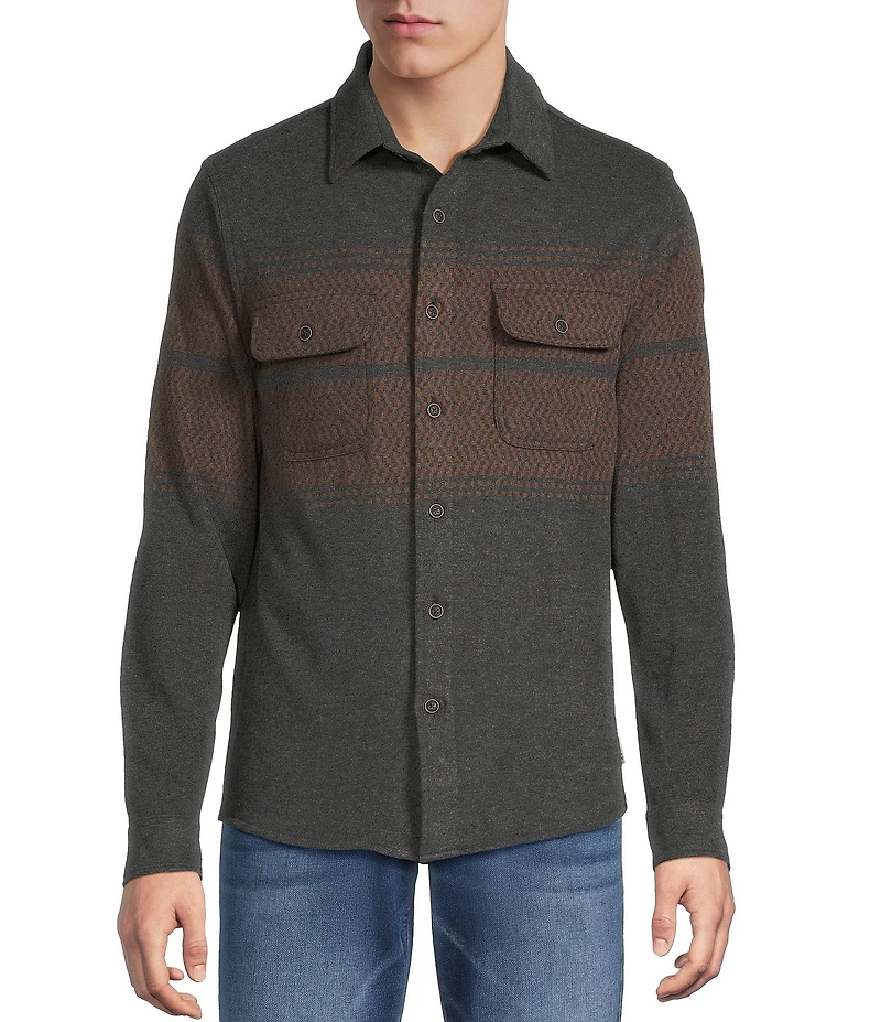 Rowm Long Sleeve Jacquard Chest Stripe Button Front Shirt