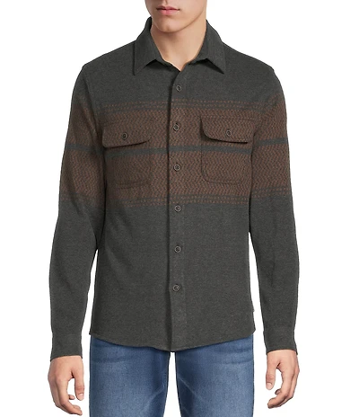 Rowm Long Sleeve Jacquard Chest Stripe Button Front Shirt