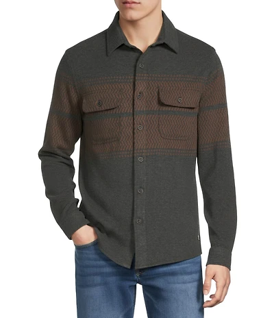 Rowm Long Sleeve Jacquard Chest Stripe Button Front Shirt