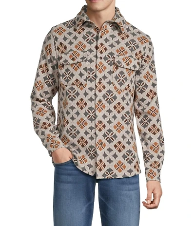 Rowm Long Sleeve Jacquard Multi Geo Print Button Front Shirt