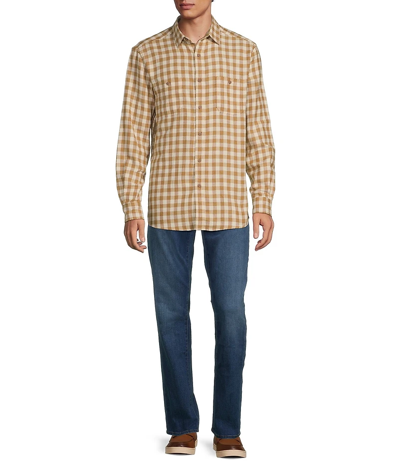 Rowm Long Sleeve Small Check Slub Button Front Woven Shirt