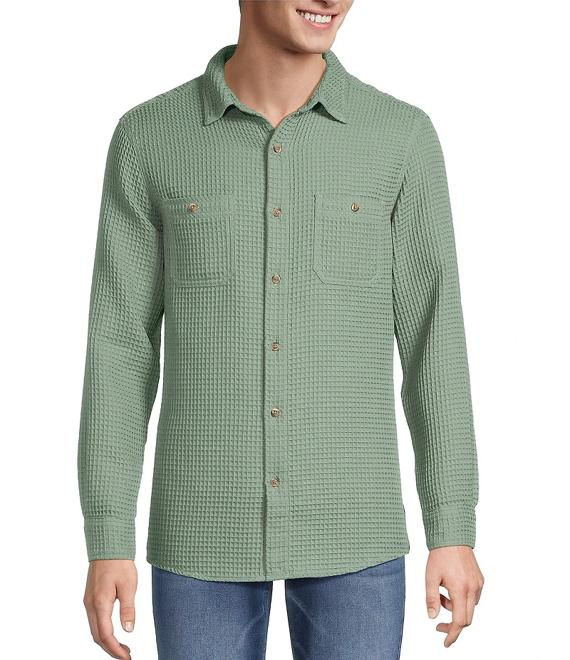Rowm Long Sleeve Solid Waffle Button Front Shirt