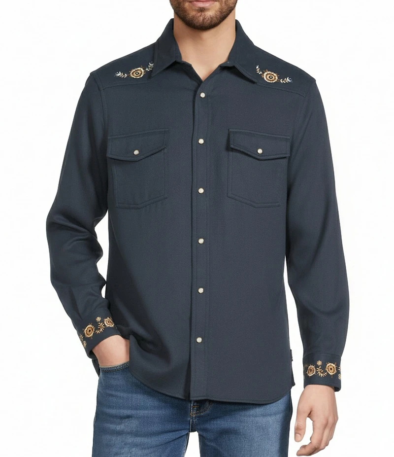 Rowm Long Sleeve Western Paisley Embroidery Print Shirt