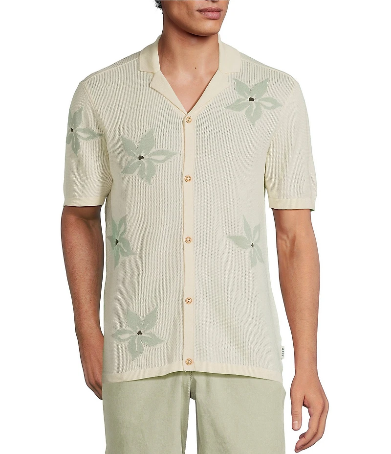 Rowm Outsider's Oasis Short Sleeve Jacquard Flower Button Front Sweater Knit Shirt