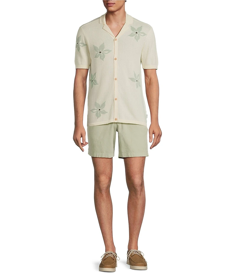 Rowm Outsider's Oasis Short Sleeve Jacquard Flower Button Front Sweater Knit Shirt