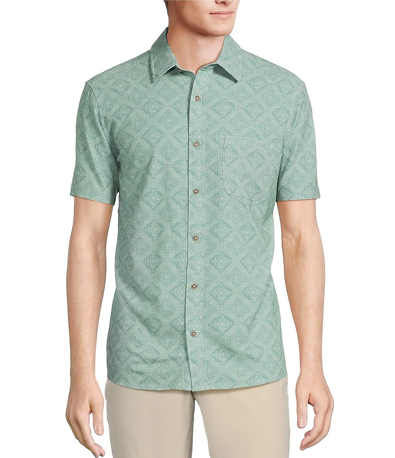 Rowm Performance Rec + Relax Short Sleeve Medallion Print Seersucker Shirt