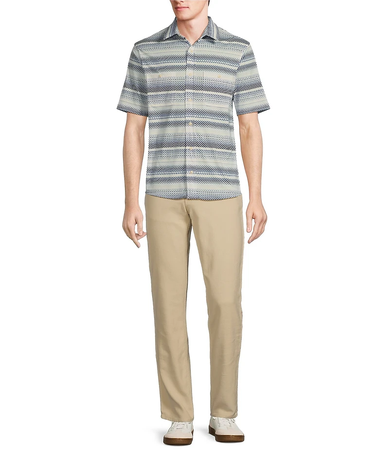 Rowm Rec + Relax Short Sleeve Horizontal Stripe Print Knit Button-Front Shirt