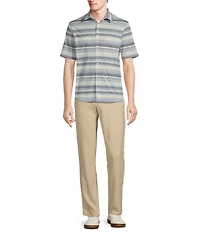 Rowm Rec + Relax Short Sleeve Horizontal Stripe Print Knit Button-Front Shirt