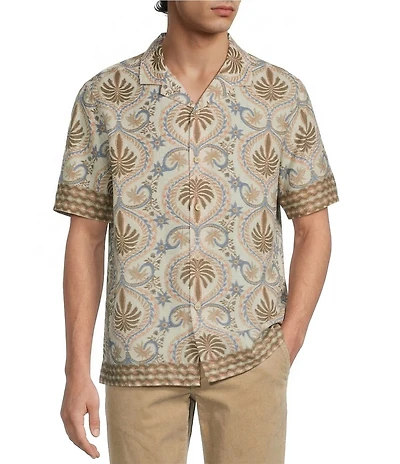 Rowm Short Sleeve Hemp Palm Print Button Front Shirt