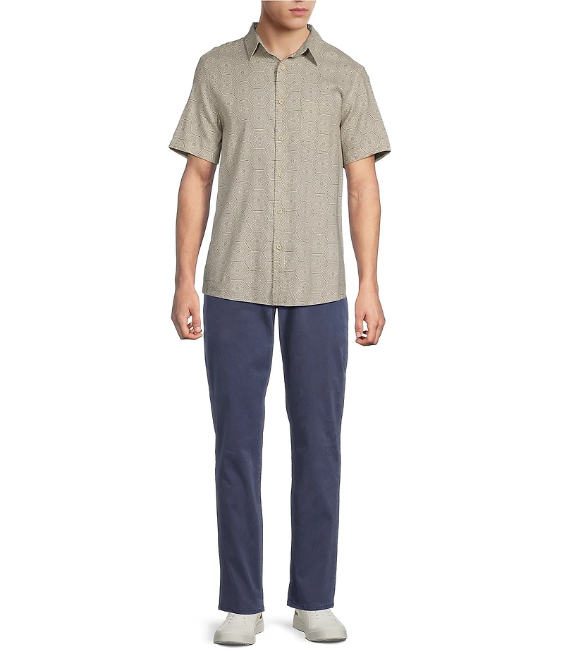 Rowm Short Sleeve Hemp Tile Print Point Collar Button Front Shirt